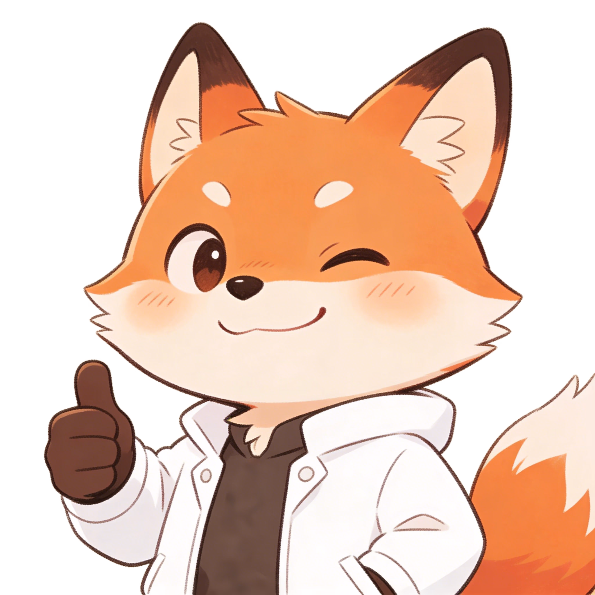 一只面带微笑的Q版拟人狐狸，白色外套，竖起大拇指，神情得意。