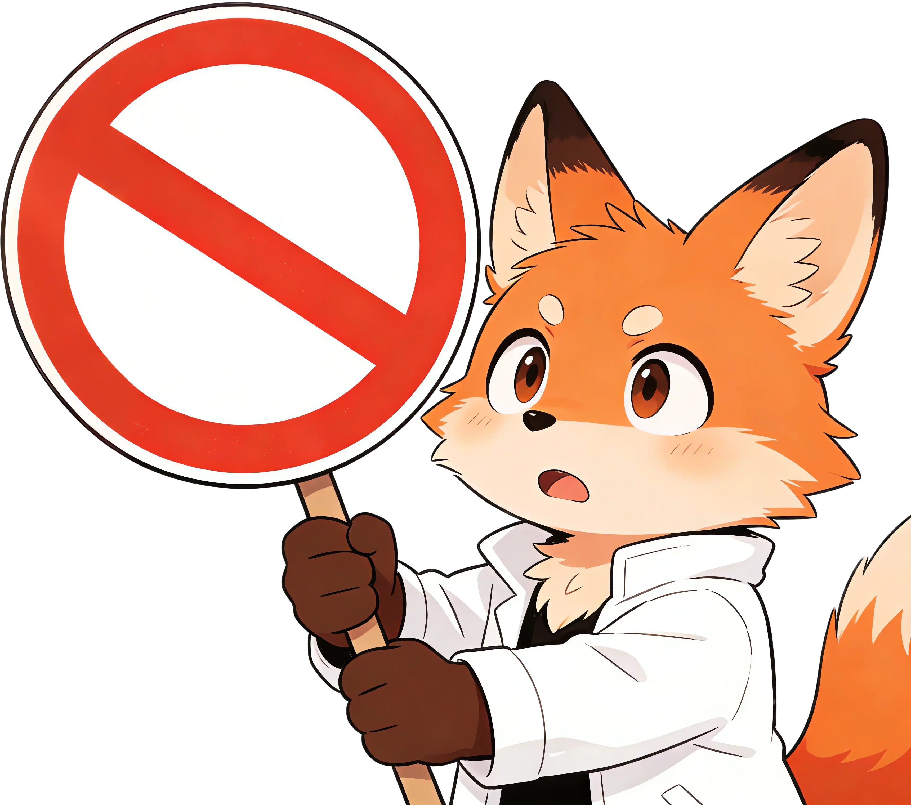 可爱的狐狸兽人，白色外套，表情疑惑带点震惊，举着一个红色的禁止符号的牌子。